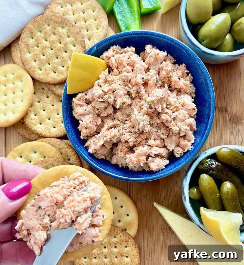 Smoked Salmon Spread with Cream Cheese, Dill and Lemon 7 Smoked salmon spread in blue serving bowl.