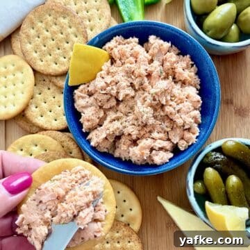Smoked Salmon Spread with Cream Cheese, Dill and Lemon 8 Smoked salmon spread in blue serving bowl.