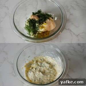Crispy Salmon Croquettes Recipe with Lemon Dill Sauce 4 Tartar sauce in a bowl.