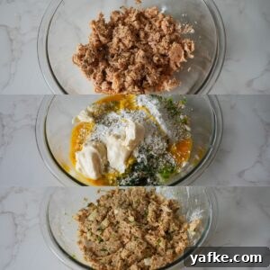 Crispy Salmon Croquettes Recipe with Lemon Dill Sauce 5 Ingredients for salmon croquettes in a mixing bowl being mixed.
