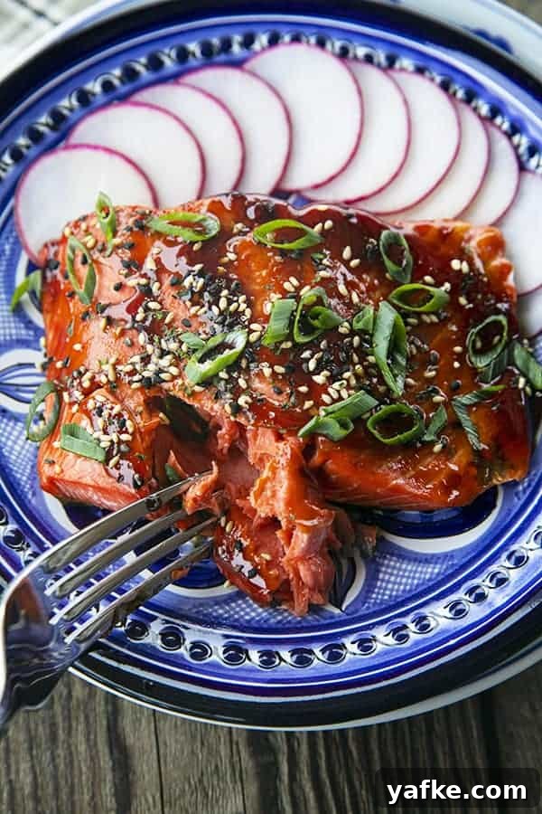 How to Cook Salmon in an Air Fryer 5 Glazed Salmon with sesame seeds and green onions, radishes, on a blue and white plate