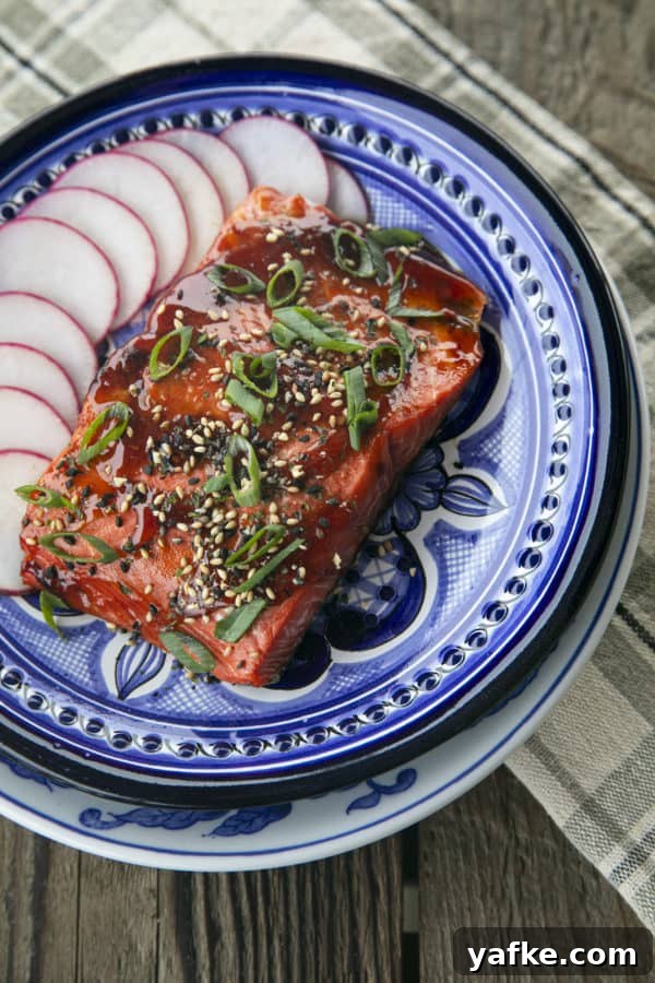 How to Cook Salmon in an Air Fryer 6 Glazed Salmon with sesame seeds and green onions, radishes, on a blue and white plate