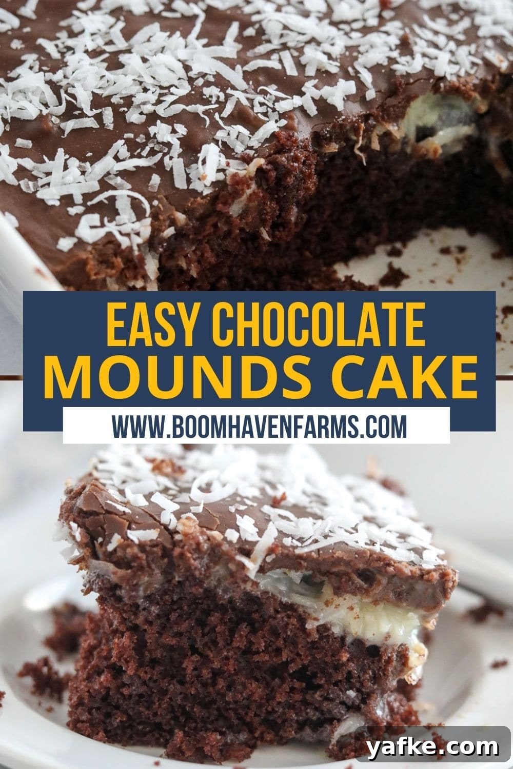 Decadent Chocolate Mound Cake Recipe 7 A homemade chocolate and coconut dessert in a 9x13 pan with a slice removed, showing its gooey layers.
