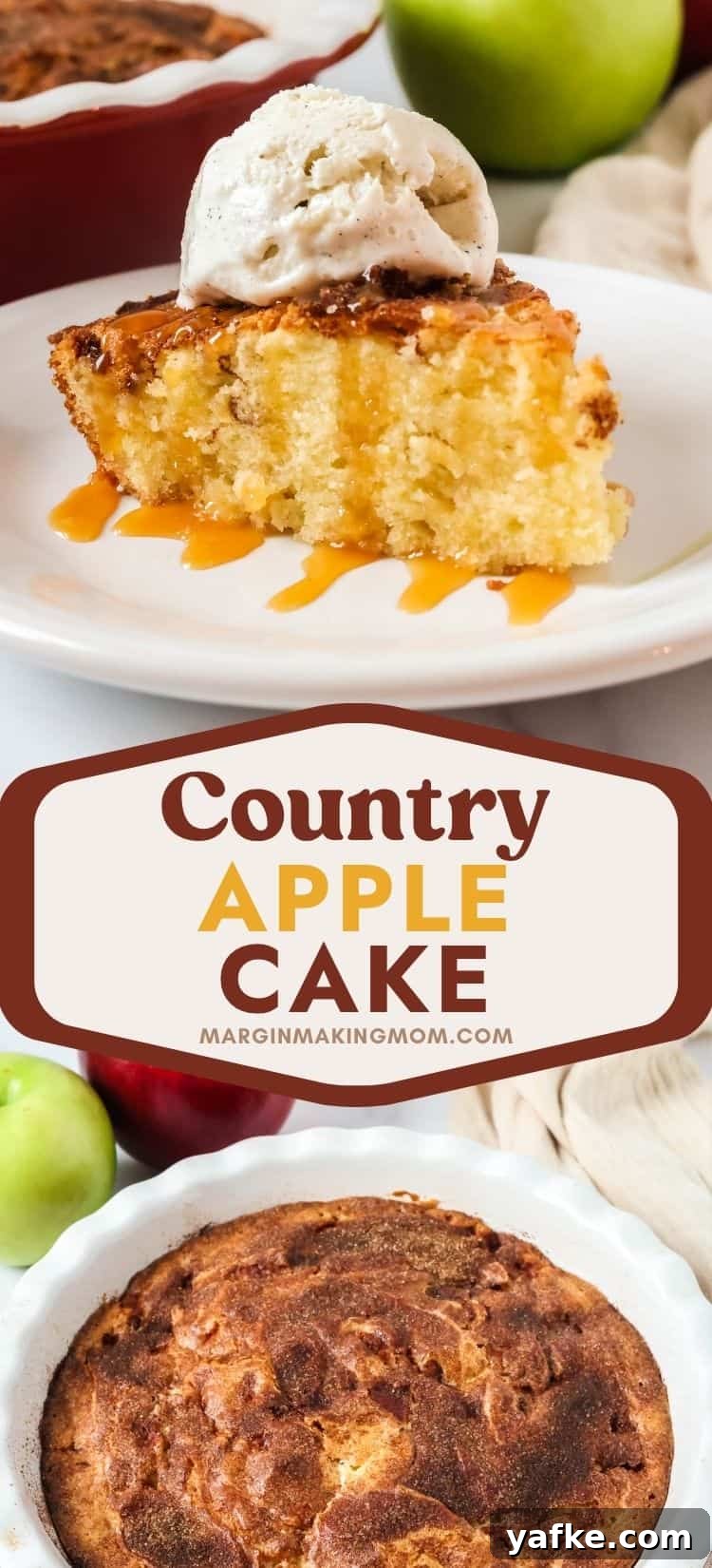 Rustic Apple Cake Recipe 8 Two photos; one shows a slice of apple cake topped with ice cream and caramel sauce; the other shows the country apple cake in the baking dish.