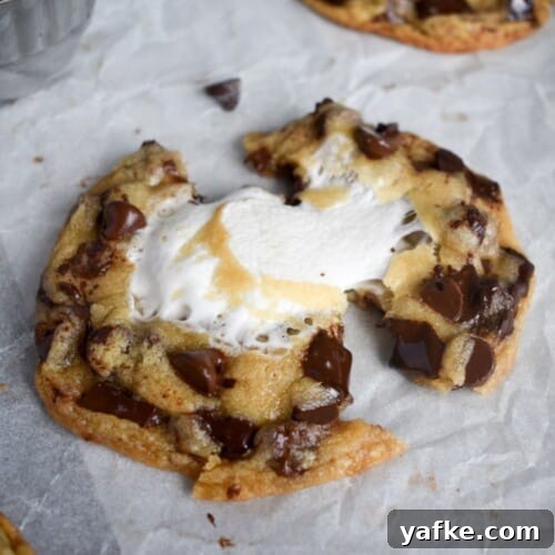 cookie being pulled apart with gooey marshmallow in it.