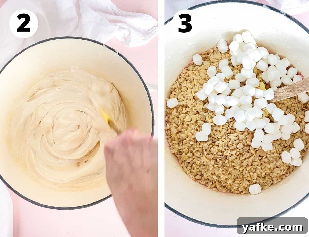 Rice Krispie Treats with Marshmallow Fluff 5 two images showing how to add marshmallow fluff and then cereal and mini marshmallows.