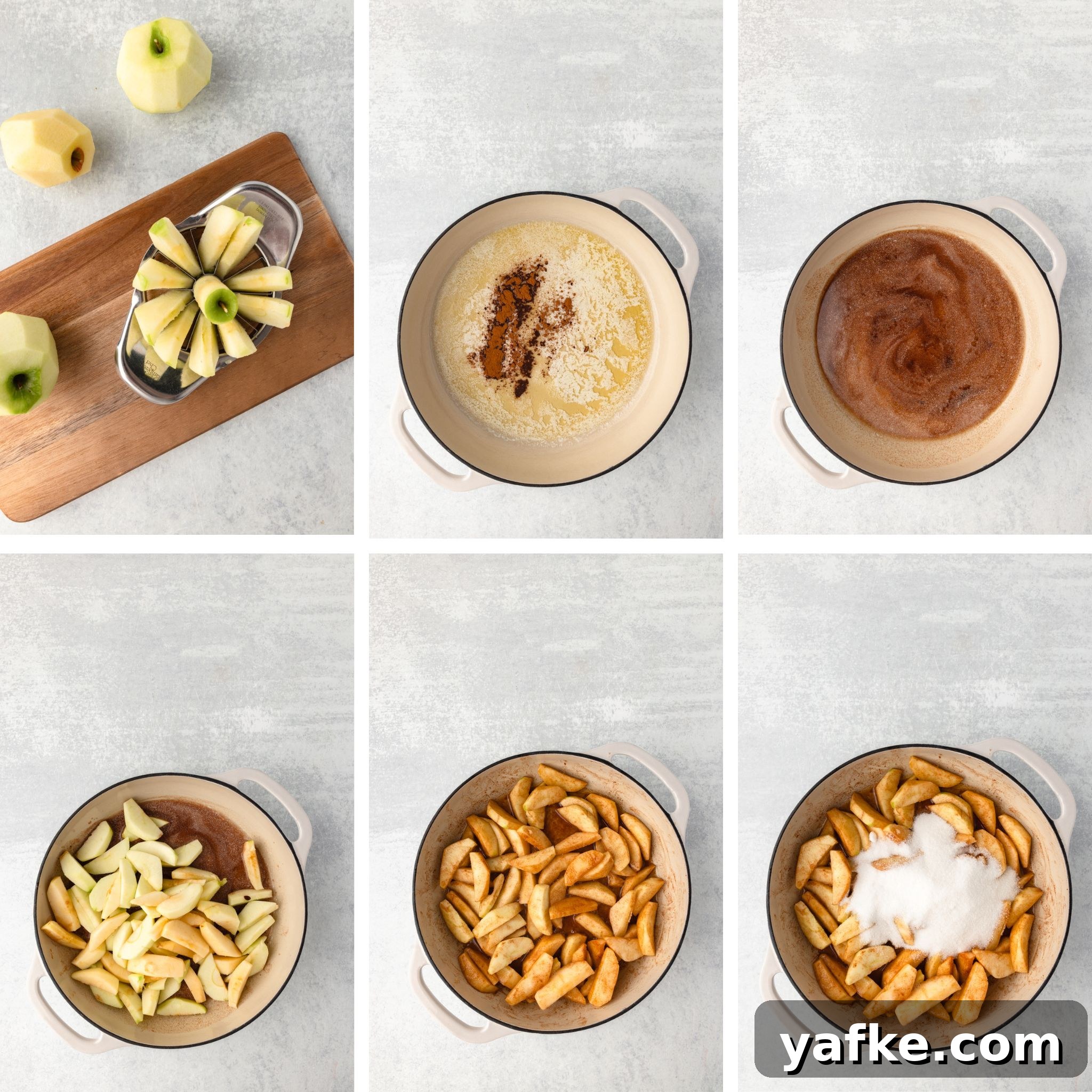 Skillet Fried Apples with Cinnamon and Brown Sugar 4 Six-step collage of fried apples being made, from slicing to cooking and topping with sugar.