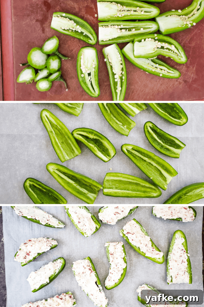 Halloween Bacon-Wrapped Mummy Jalapeno Poppers Recipe 3 Collage of images showing cutting and removing the seeds of the jalapenos and filling with cream cheese.