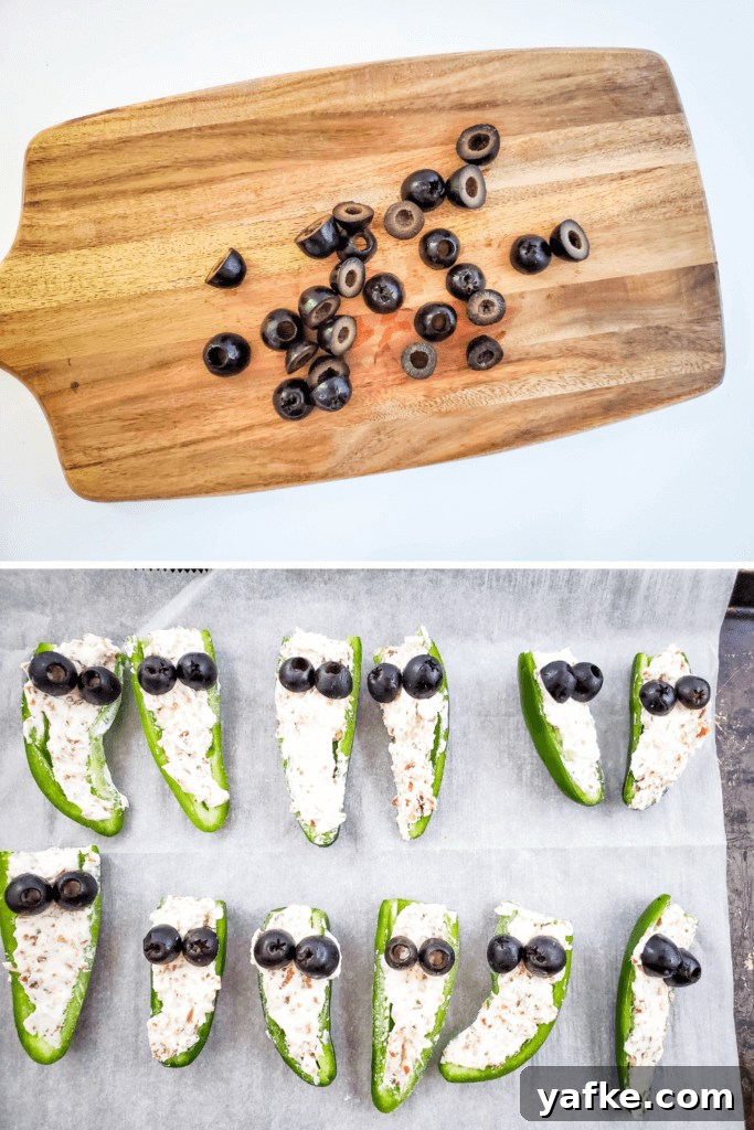 Halloween Bacon-Wrapped Mummy Jalapeno Poppers Recipe 5 Slicing olives and adding them as "eyes" to the mummy bacon jalapeno poppers