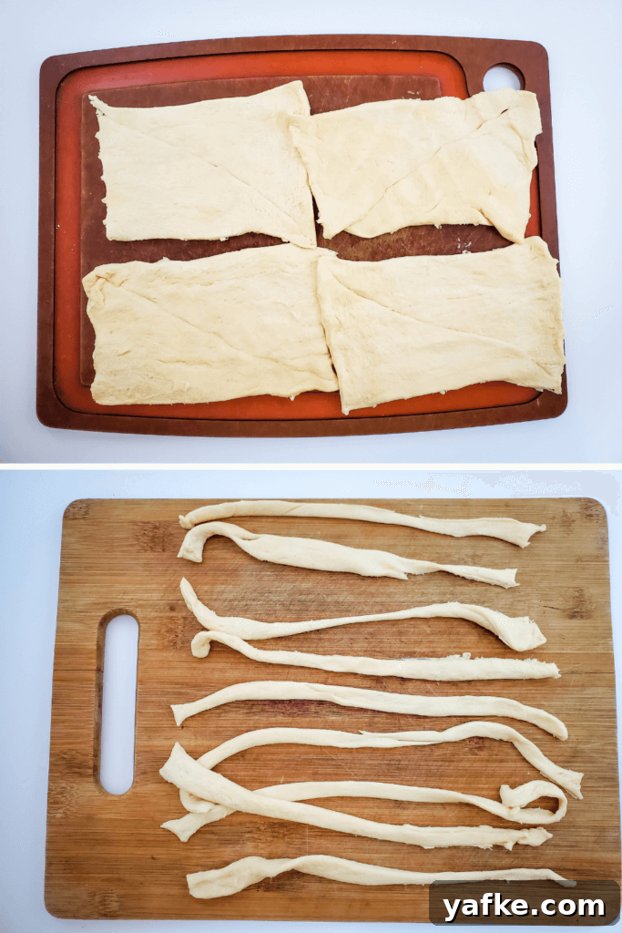 Halloween Bacon-Wrapped Mummy Jalapeno Poppers Recipe 6 Collage images to show how to cut up the crescent roll dough into strips