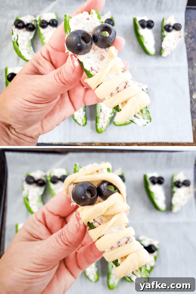 Halloween Bacon-Wrapped Mummy Jalapeno Poppers Recipe 7 Collage image of wrapping the jalapeno poppers with crescent roll dough strips