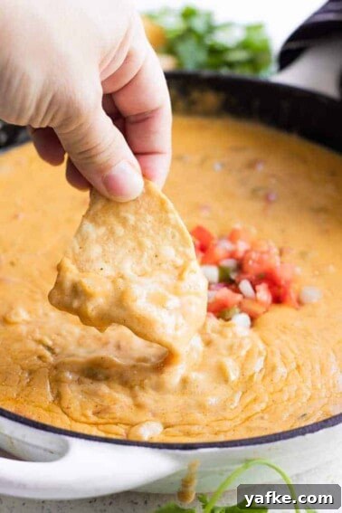Creamy White Queso Dip Recipe for Tacos and Chips 9 A chip dipping into homemade queso.