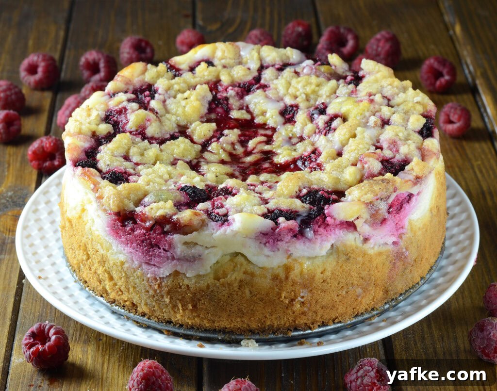 whole raspberry cream cheese coffee cake with crumb topping and visible cream cheese and raspberry layers