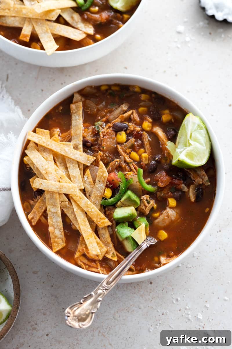 Chicken Tortilla Soup Recipe with Avocado and Lime 11 Bowl of healthy chicken tortilla soup topped with tortilla strips and a lime wedge.