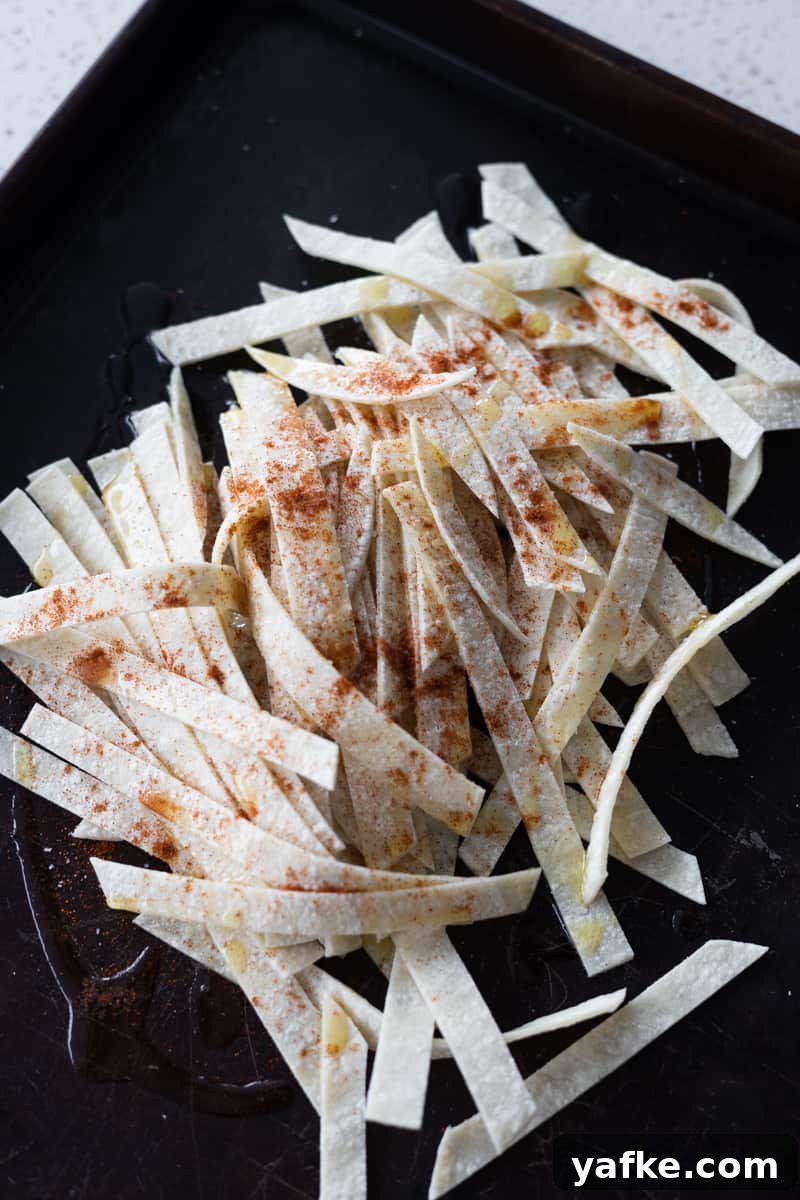 Chicken Tortilla Soup Recipe with Avocado and Lime 9 Tortilla strips drizzled with olive oil, salt and paprika.