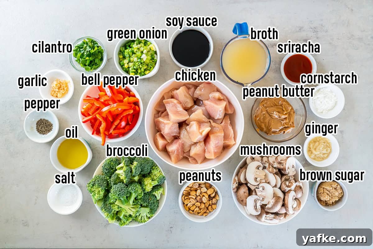 Peanut Chicken Stir-Fry Recipe with Vegetables 3 Chicken, soy sauce, peanut butter and other ingredients in bowls with text overlay.