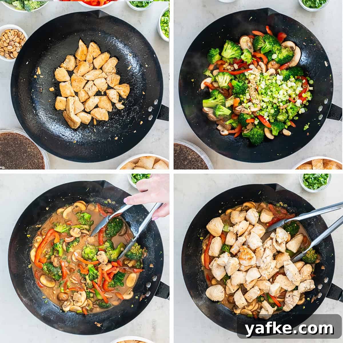 Peanut Chicken Stir-Fry Recipe with Vegetables 5 Four images of chicken, vegetables, and peanut sauce in a skillet.