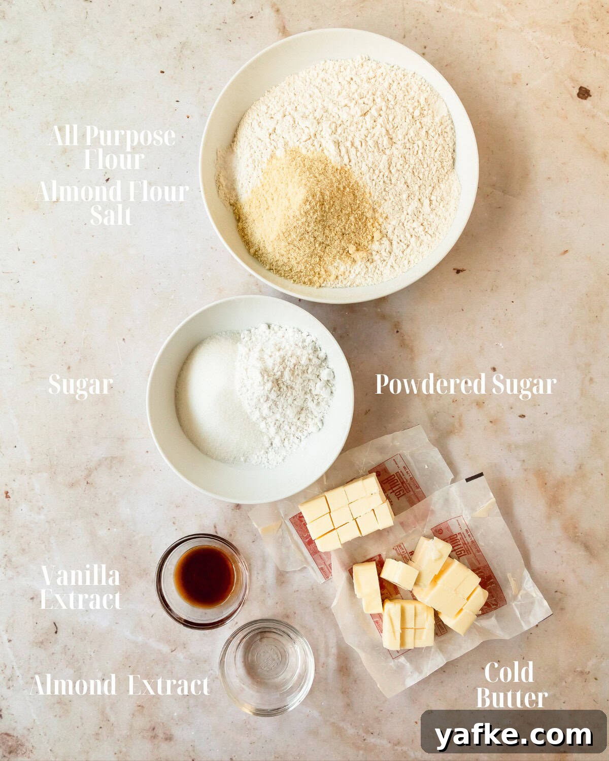 Buttery Almond Shortbread Cookies Recipe 3 Gather all purpose flour, almond flour, salt, powdered sugar, granulated sugar, vanilla extract, almond extract and butter.