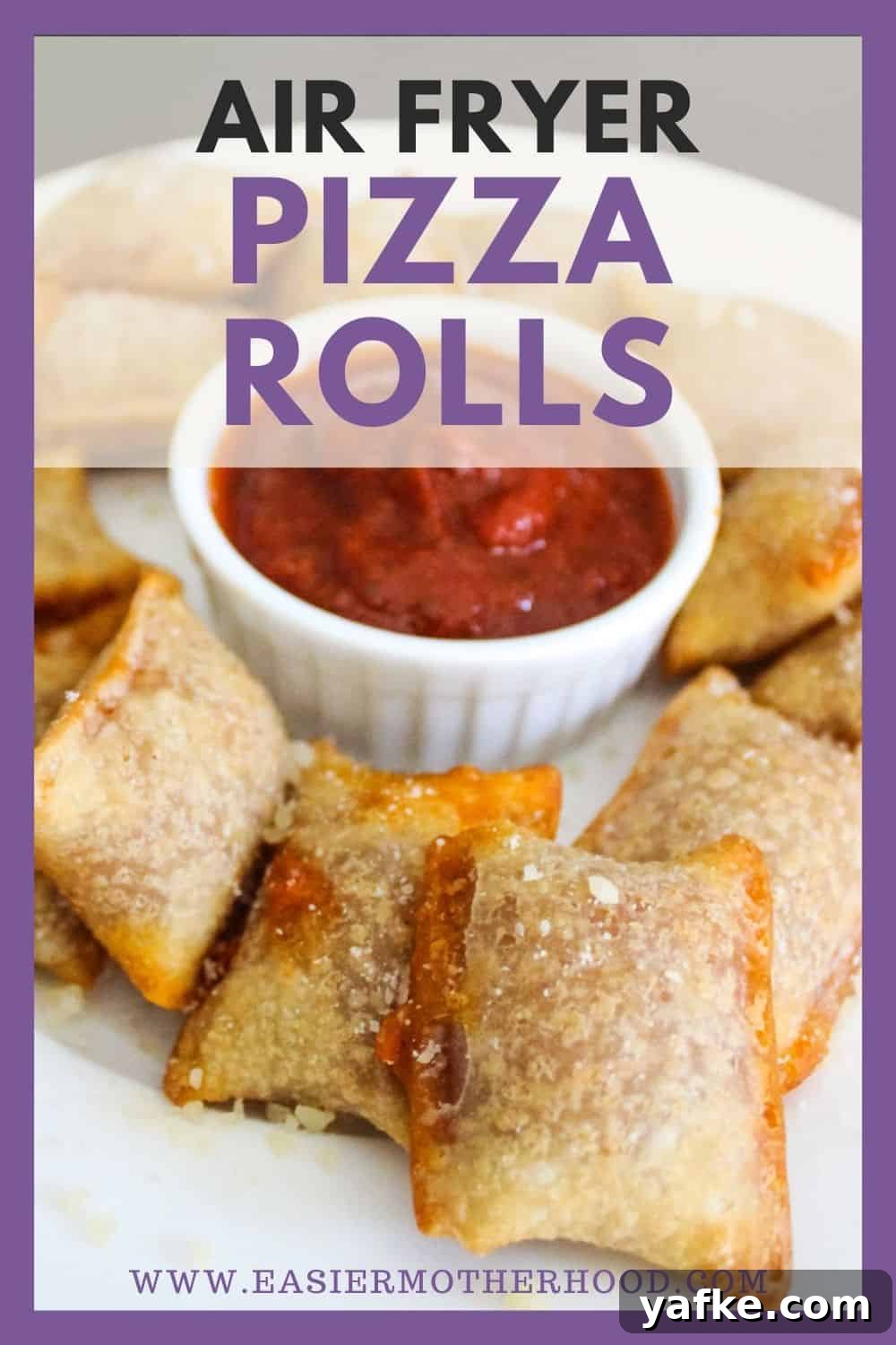 Crispy Homemade Air Fryer Pizza Rolls 2 Pizza rolls on a white plate with white ramekin of sauce in the middle.