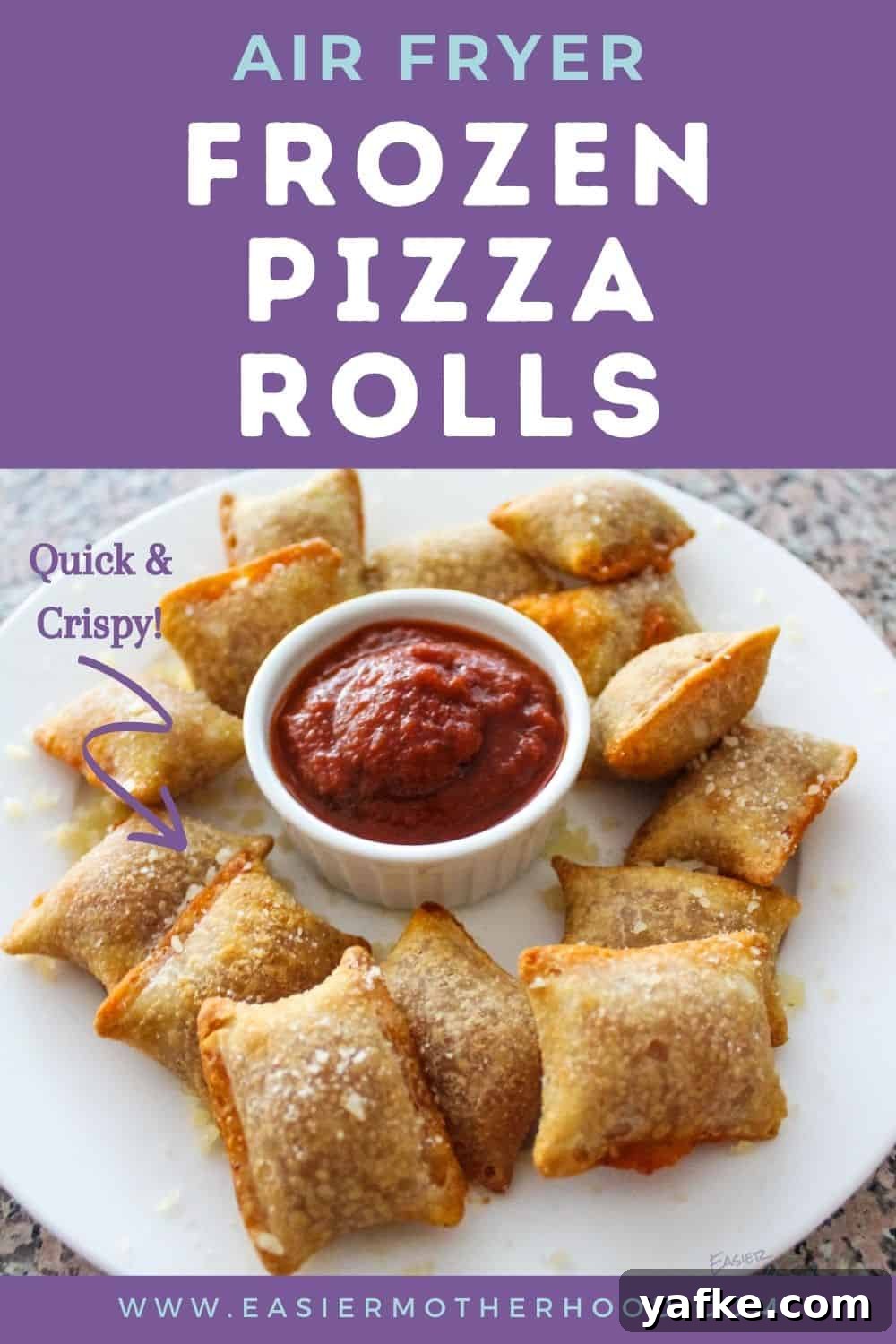 Crispy Homemade Air Fryer Pizza Rolls 6 White plate with finished pizza rolls and some sauce on it.