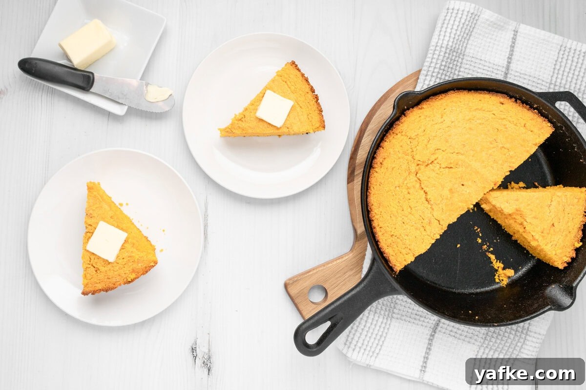 Southern Sweet Potato Cornbread with Maple and Pecans 7 An overhead image of serving two plates of cornbread.
