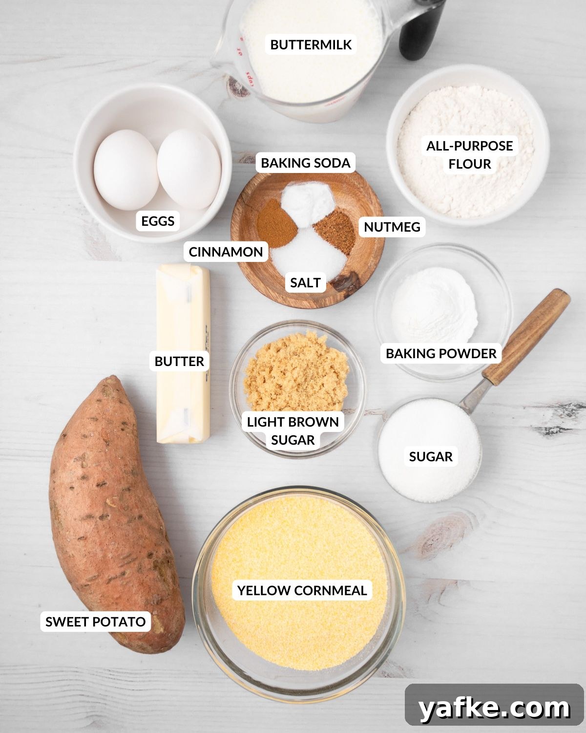 Southern Sweet Potato Cornbread with Maple and Pecans 3 An overhead image of the ingredients of sweet potato cornbread.