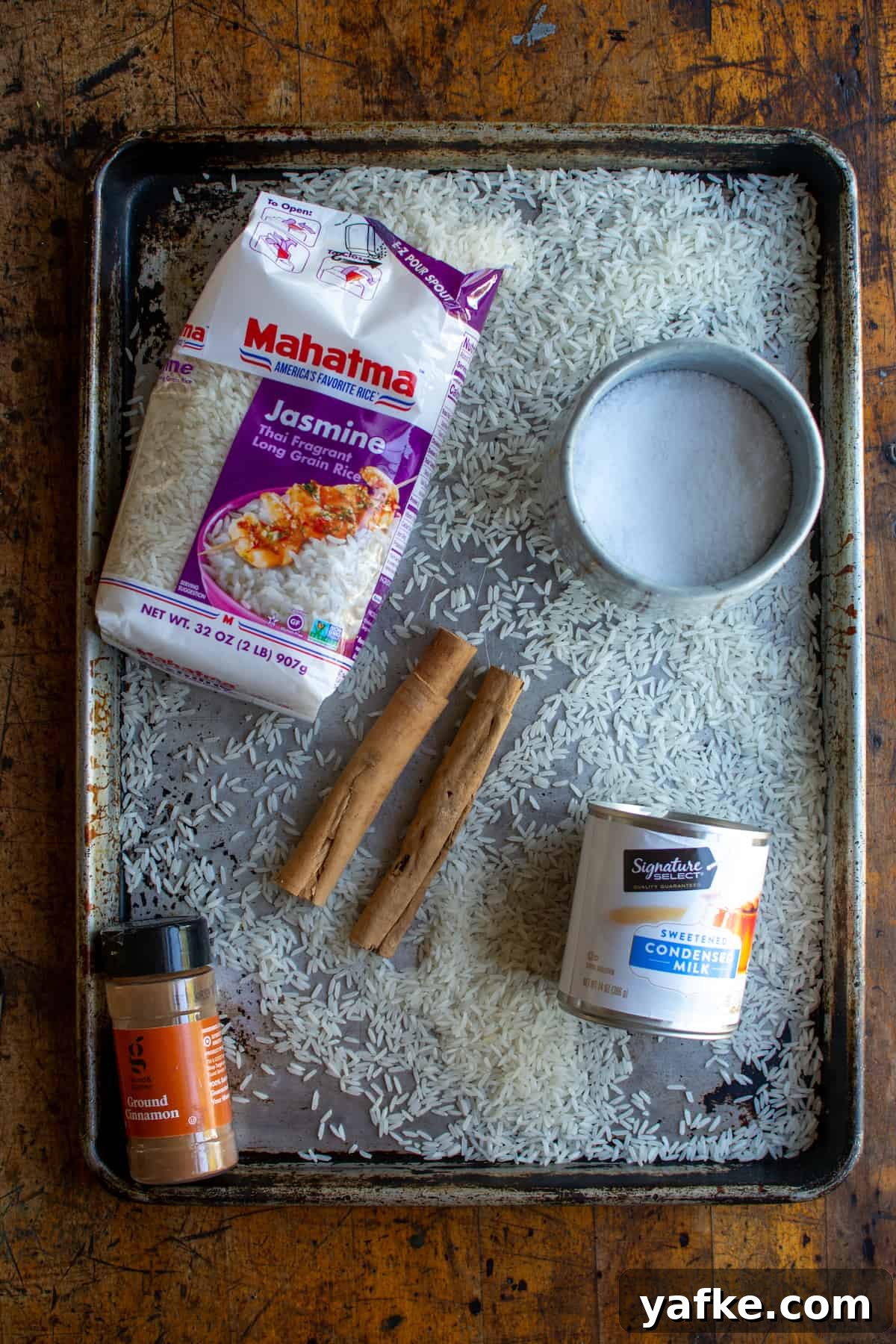 Authentic Creamy Mexican Horchata Recipe with Rice and Cinnamon 4 All the ingredients to make horchata including Jasmine rice, salt, canela, ground cinnamon and sweetened condensed milk.