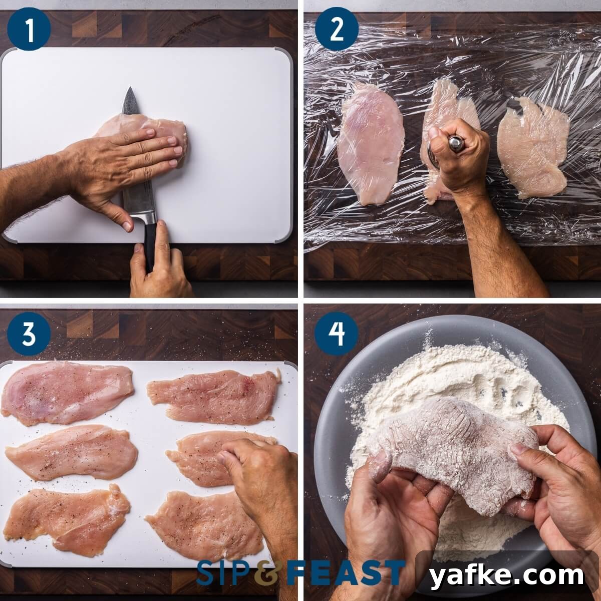 Roasted Red Pepper Chicken with Melted Mozzarella 5 Recipe process shot collage group one showing filleting chicken, pounding chicken flat, seasoning chicken, and dredging in flour.