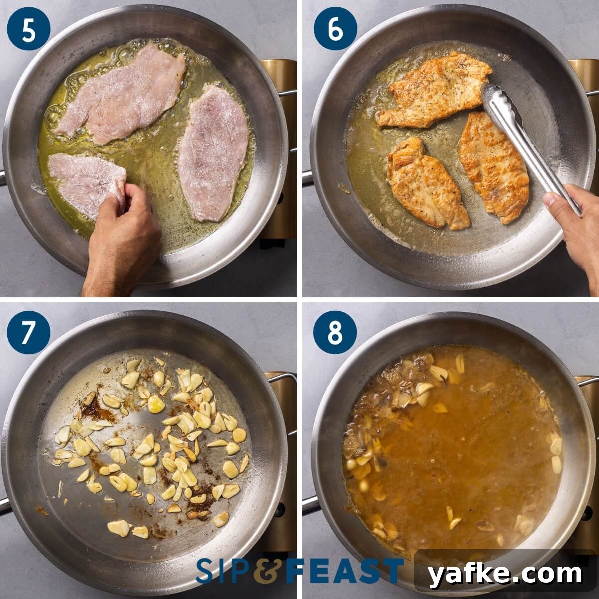 Roasted Red Pepper Chicken with Melted Mozzarella 6 Recipe collage two showing adding chicken to the pan, flipping seared chicken with tongs, adding garlic to pan, and boiling the sauce.