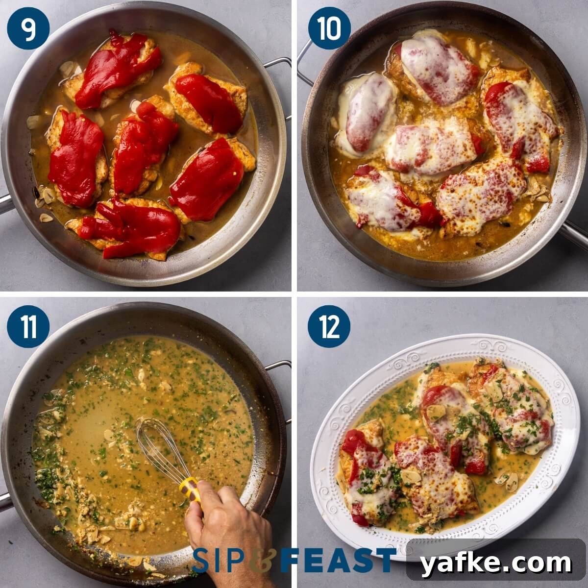 Roasted Red Pepper Chicken with Melted Mozzarella 7 Recipe collage three showing adding seared chicken to pan and topping with mozzarella, broiling the chicken and melting the cheese, making the sauce, and the sauce poured over the chicken in a platter.