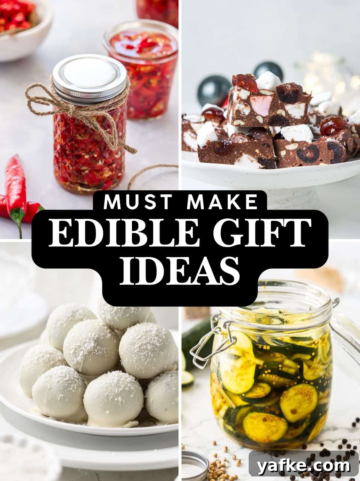 25 Homemade Edible Gift Ideas for Any Occasion 2 Photo collage of four edible gifts: preserved chillies, rocky road, coconut truffles and pickled zucchini.