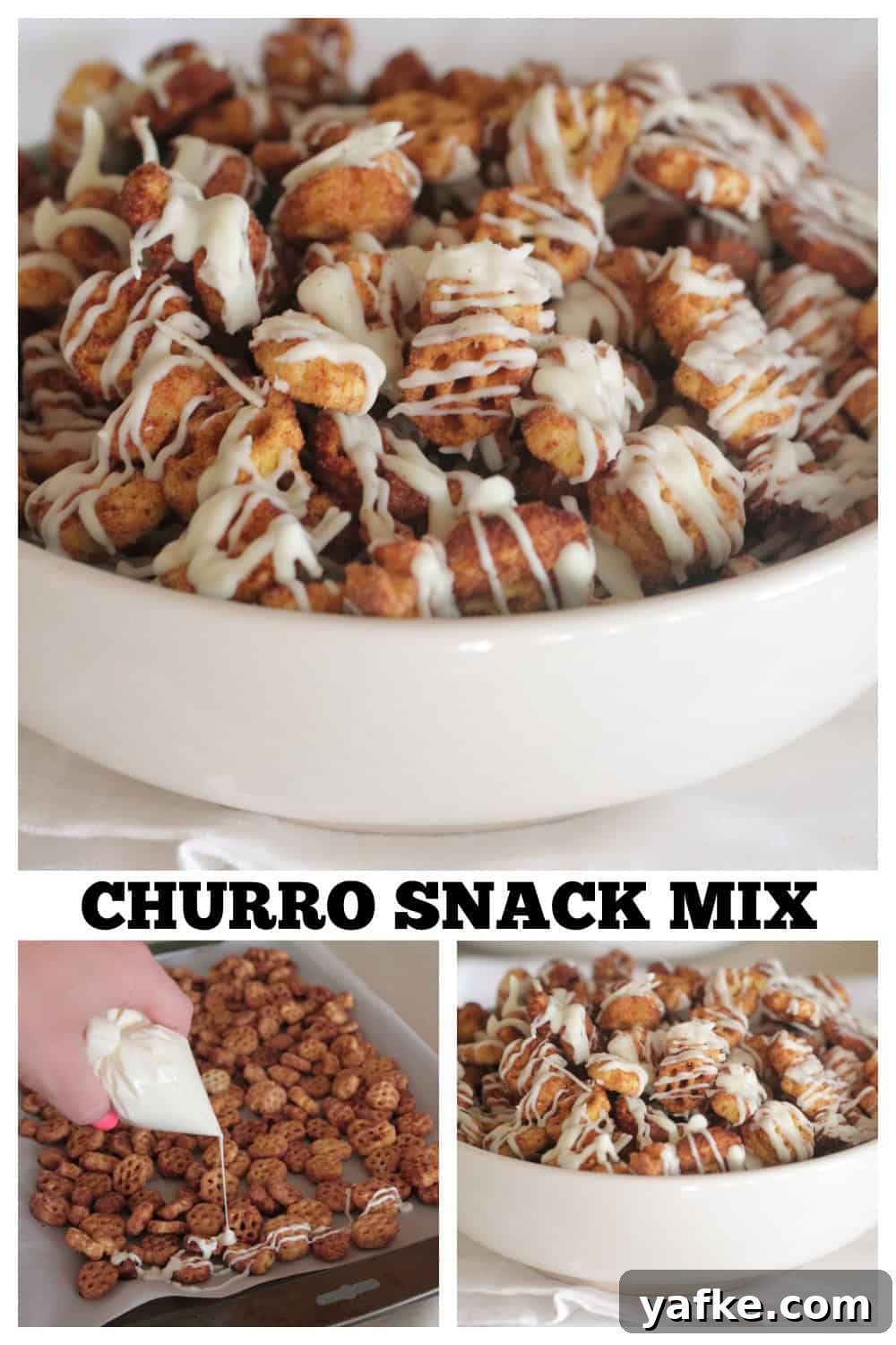 White Chocolate Churro Crunch Snack Mix Recipe 12 photo collage of churro snack mix