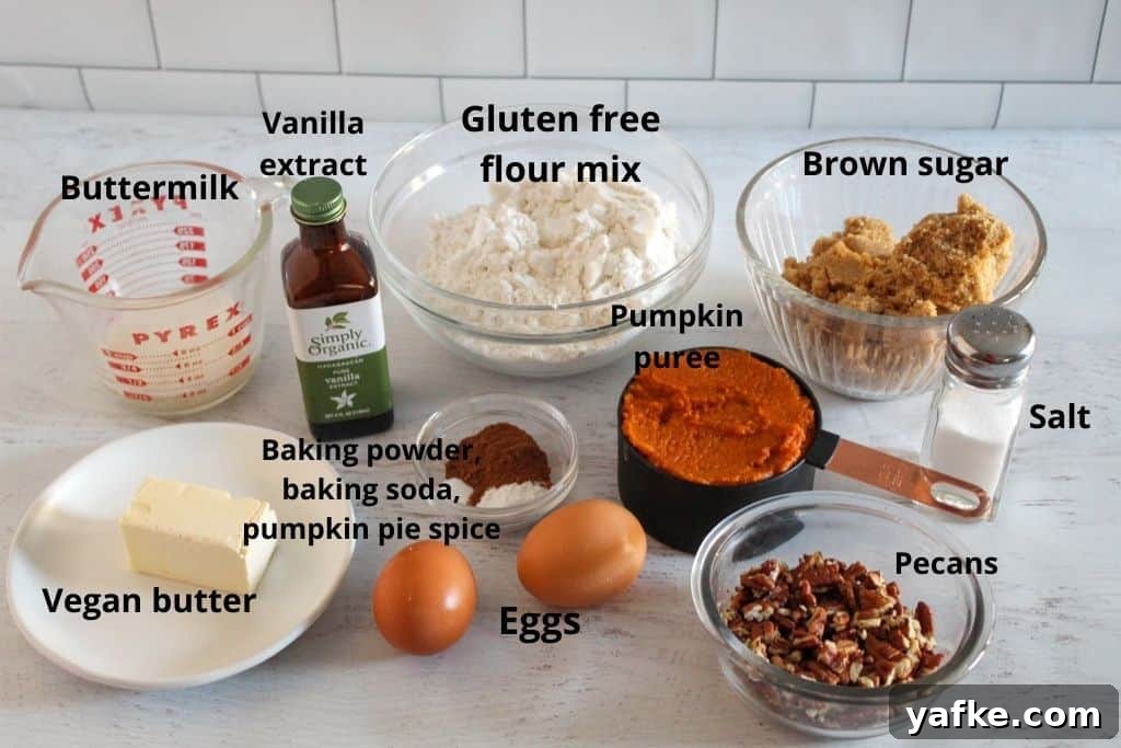 Moist Dairy-Free Gluten-Free Pumpkin Bread Recipe 3 labeled ingredients on a countertop