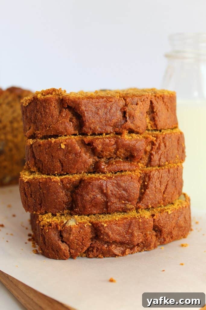 Moist Dairy-Free Gluten-Free Pumpkin Bread Recipe 6 gluten free pumpkin bread stacked high.