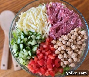 Mixed salad ingredients in a large bowl