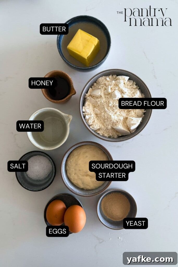 Fluffy Sourdough Discard Honey Butter Dinner Rolls 3 Flat lay of ingredients necessary to make sourdough discard honey butter rolls.