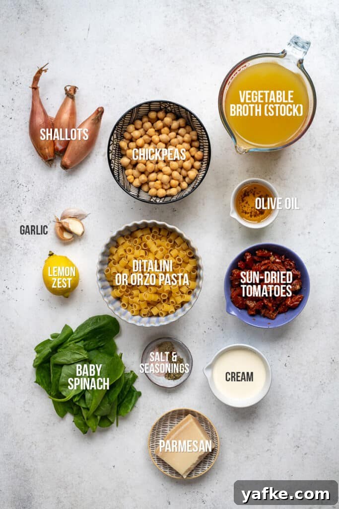 Marry Me Chickpeas One-Pot Pasta Recipe 3 ingredients for Marry me chickpea recipe in various containers with captions