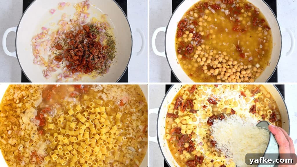 Marry Me Chickpeas One-Pot Pasta Recipe 4 collage showing the process of making marry me chickpea pasta