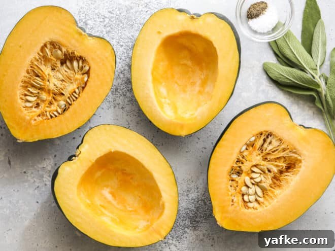 Oven Roasted Acorn Squash with Sage Cream Sauce Recipe 3 Two acorn squash sliced in half