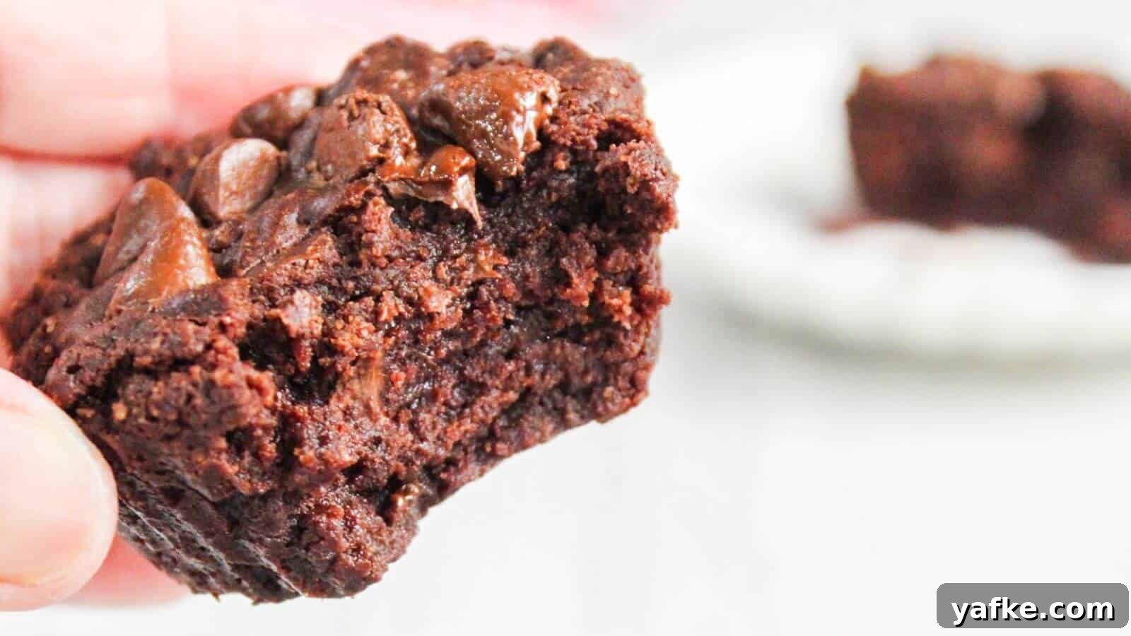11 Air Fryer Dessert Recipes That Will Make You Ditch the Oven 2 A close-up of a hand holding a half-eaten chocolate brownie with visible melted chocolate chips.