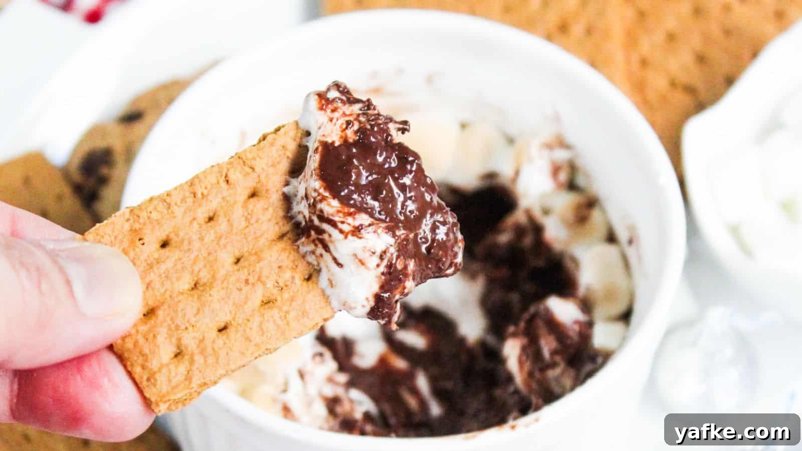 11 Air Fryer Dessert Recipes That Will Make You Ditch the Oven 3 A hand holding a graham cracker dipped in s'mores dip with more crackers and dip in the background.
