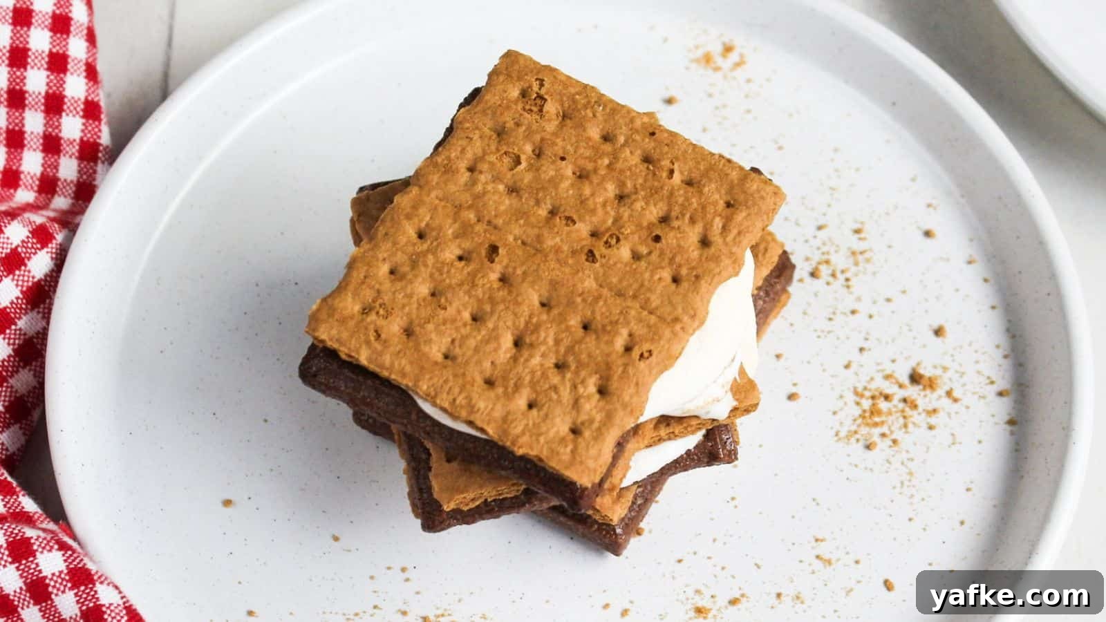 11 Air Fryer Dessert Recipes That Will Make You Ditch the Oven 4 A s'more with melted marshmallow and chocolate between graham crackers on a white plate.
