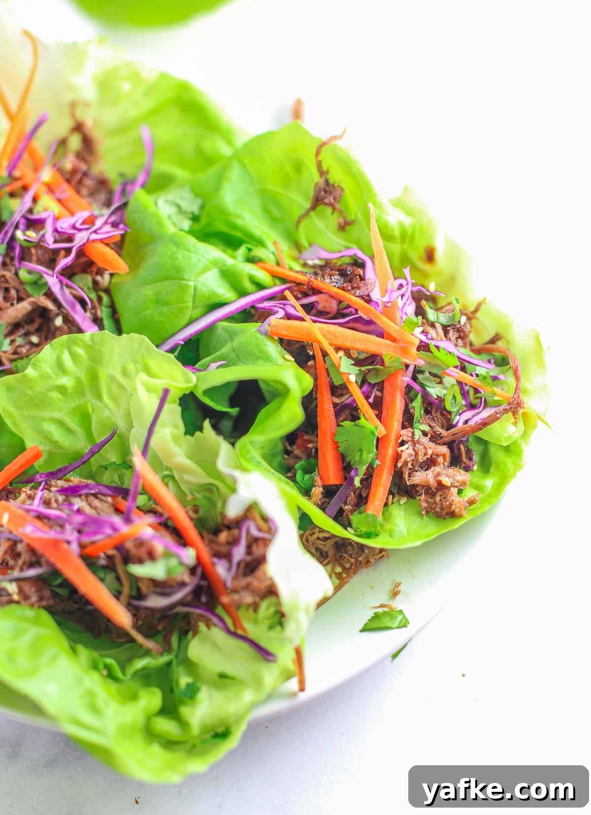 Smoked Pulled Pork Lettuce Wraps with Savory Soy Dipping Sauce 5 Pulled Pork Lettuce Wraps on a platter