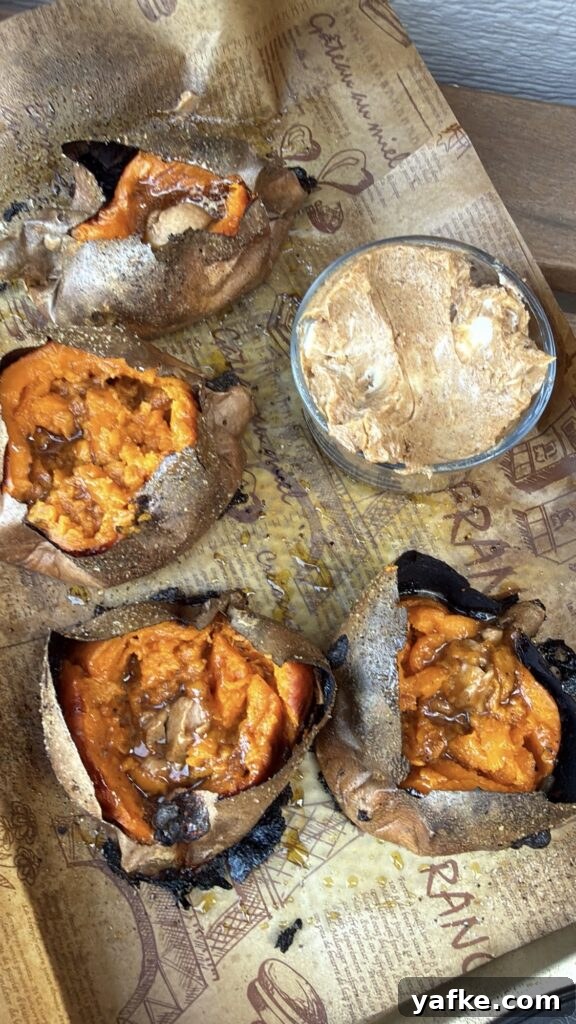 Baked Sweet Potatoes with Savory Maple Butter Recipe 4 Split baked sweet potatoes with savory maple butter and toppings for Thanksgiving