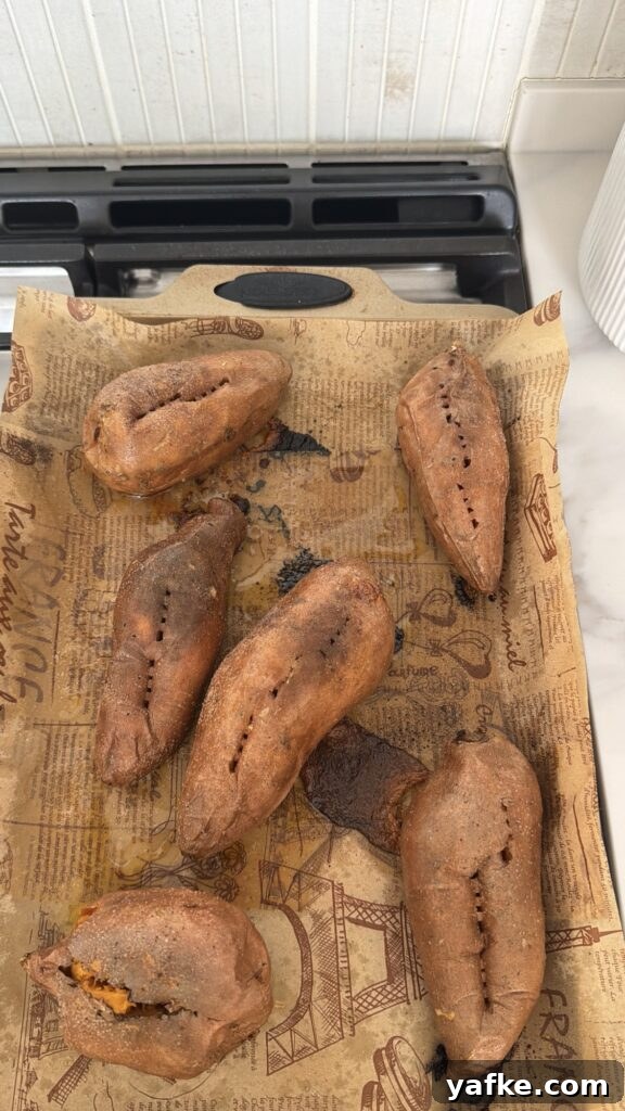 Baked Sweet Potatoes with Savory Maple Butter Recipe 7 Baked sweet potatoes that have been checked with a fork to see if it they're tender