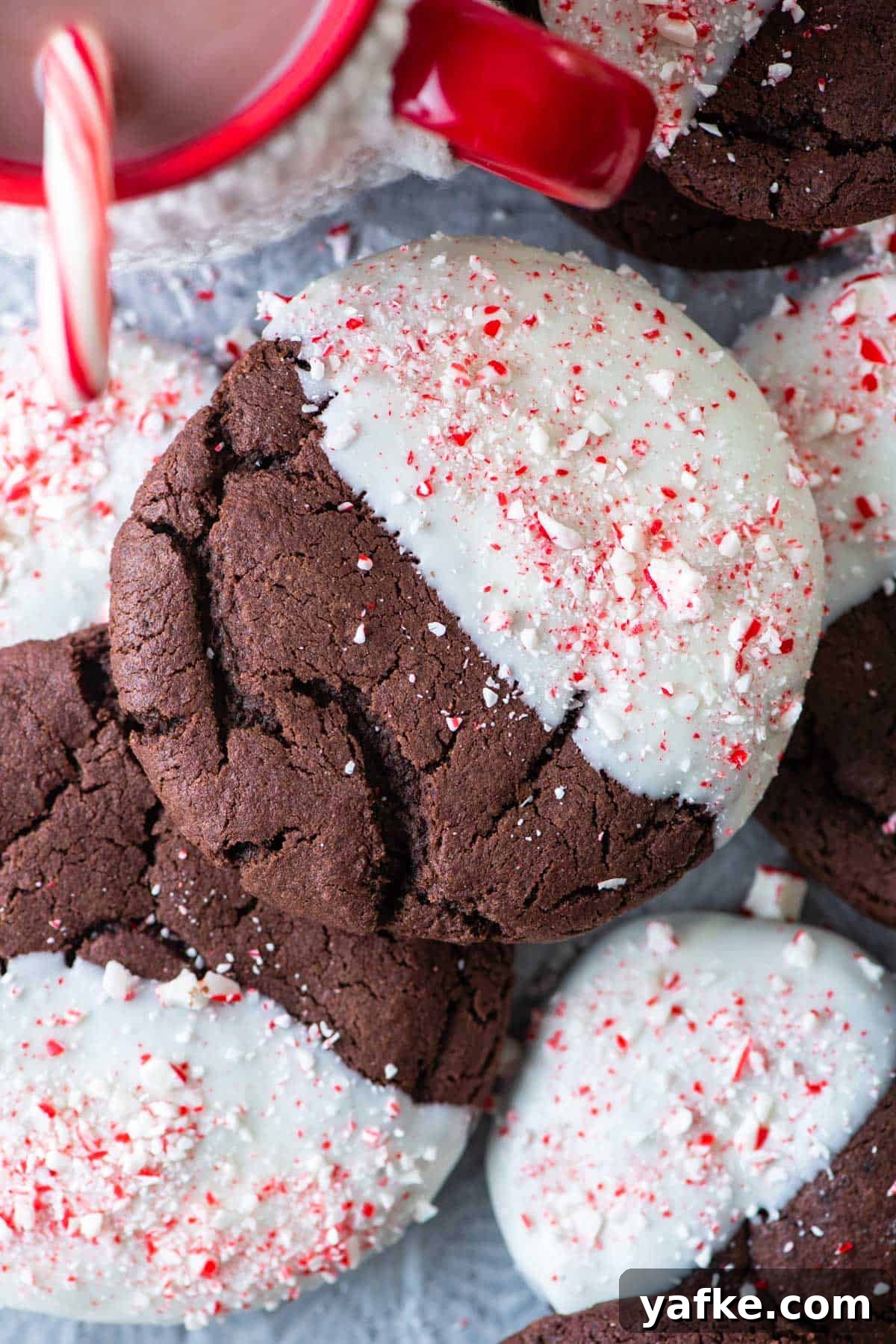 Close up of a chocolate cookie dipped in white chocolate topped with crushed candy canes 