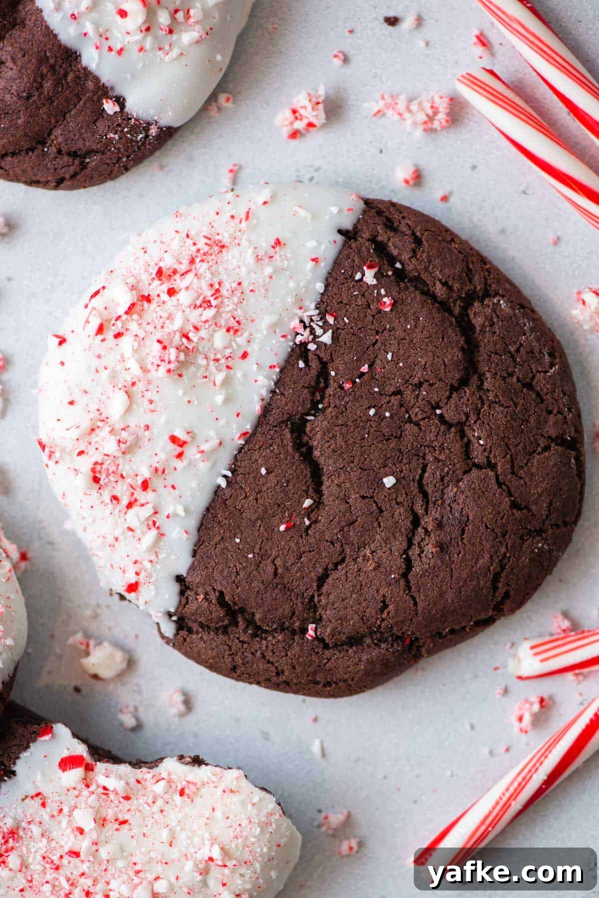 Overhead view of a chocolate candy cane cookie
