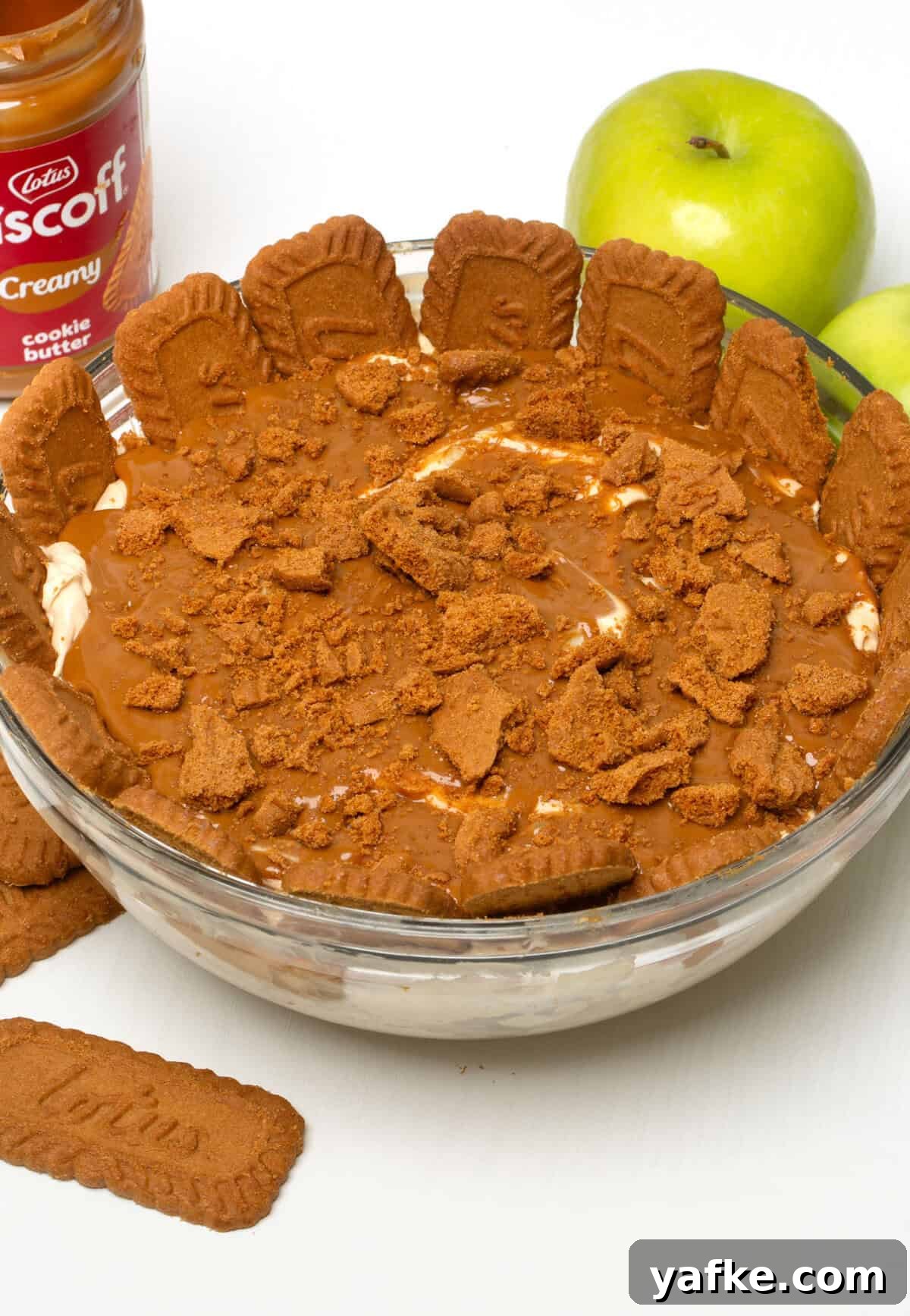 Caramel Apple Biscoff Salad with cookies and caramel drizzle