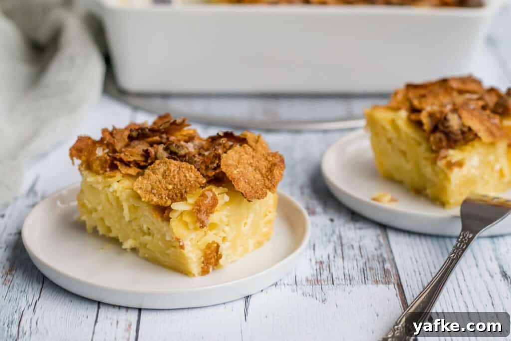 7-Ingredient Sweet Noodle Kugel Recipe 4 two pieces of noodle kugel on white plates