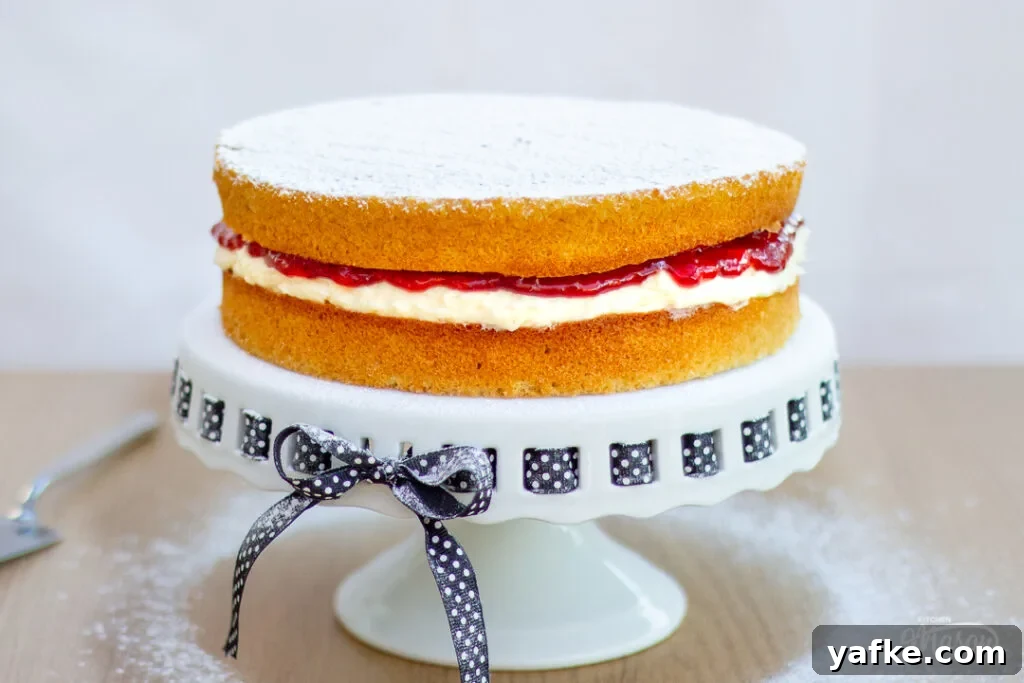 A fully assembled and decorated Victoria sandwich cake on a stand